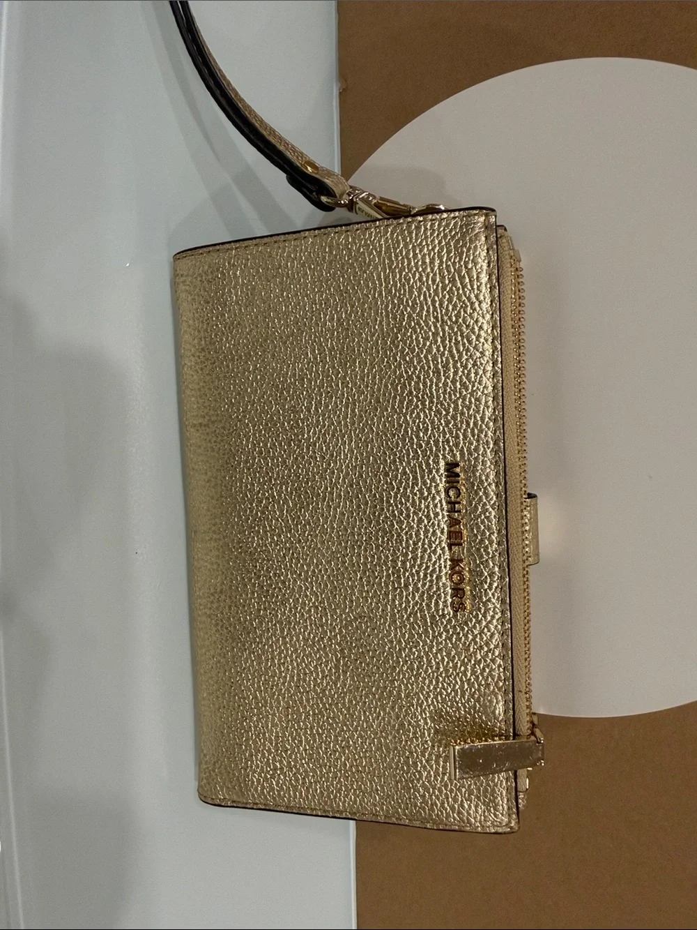 Michael Kors Metallic Gold Leather Wristlet Clutch new with tag women